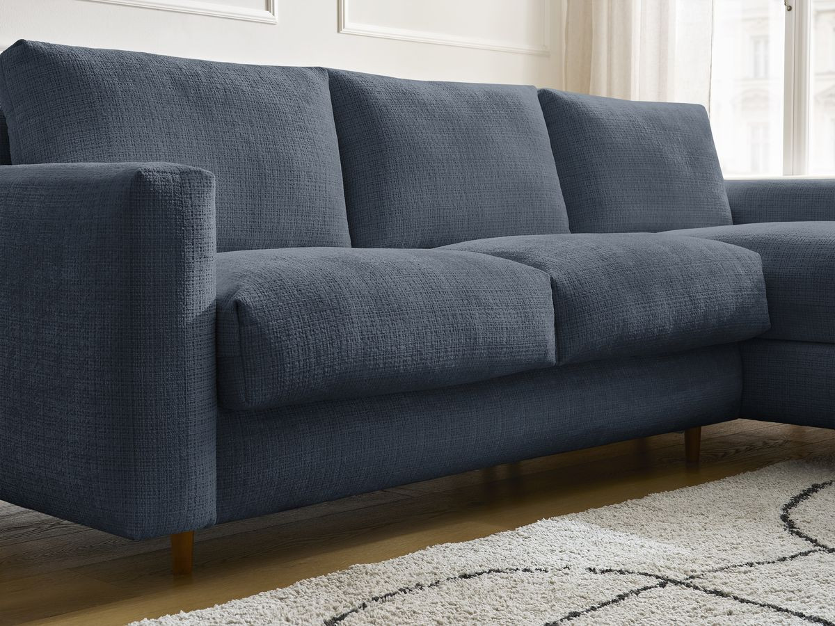 Bobochic Cocoone Ecksofa mit Schlaffunktion und Bettkasten Strukturstoff Dunkelblau, Liegefläche 140 × 200 cm