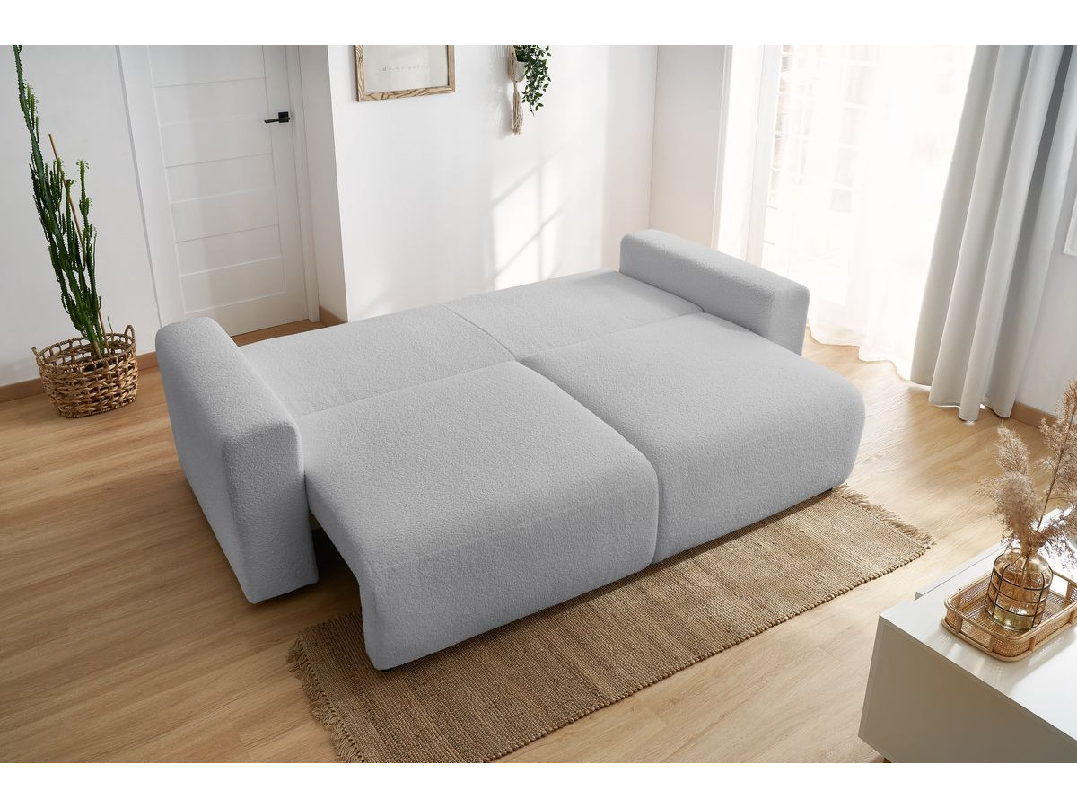 Bobochic Envy Schlafsofa 3-Sitzer mit Bettkasten und rechteckigem Pouf Bouclé-Stoff Hellgrau