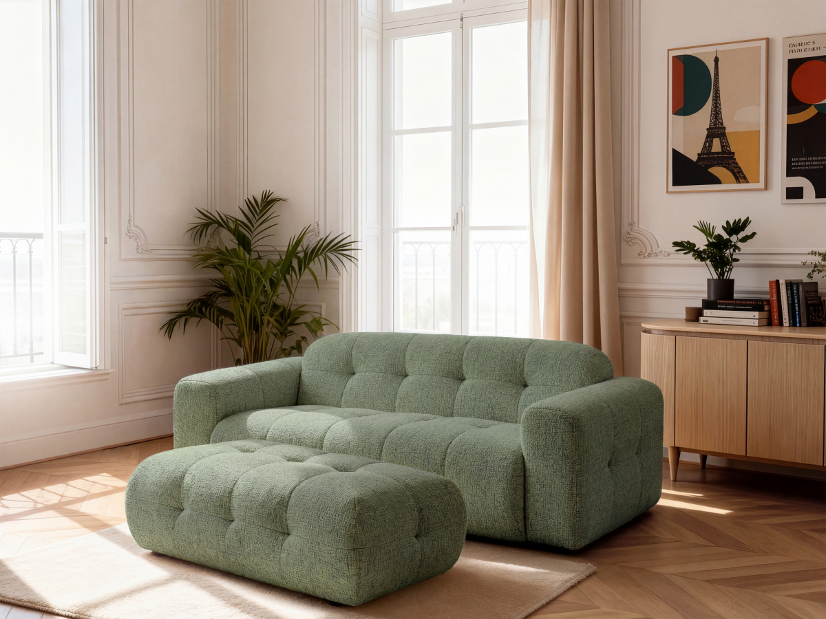 Bobochic Laura Sofa 3-Sitzer mit großem Pouf Melange-Stoff Hellgrün