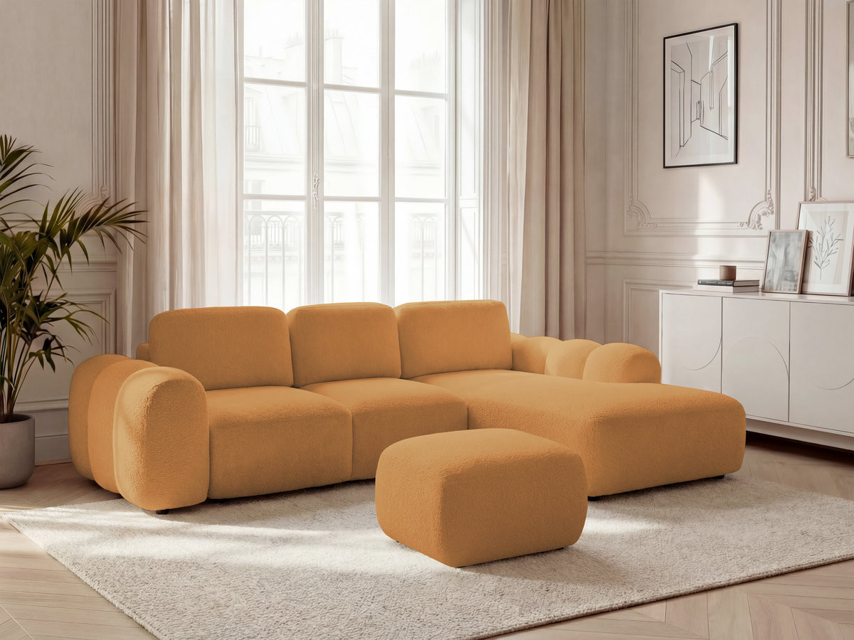 Bobochic Montaigne Ecksofa mit Schlaffunktion und Bettkasten und Pouf 288 × 196 cm Bouclé-Stoff Gelb Ecke rechts