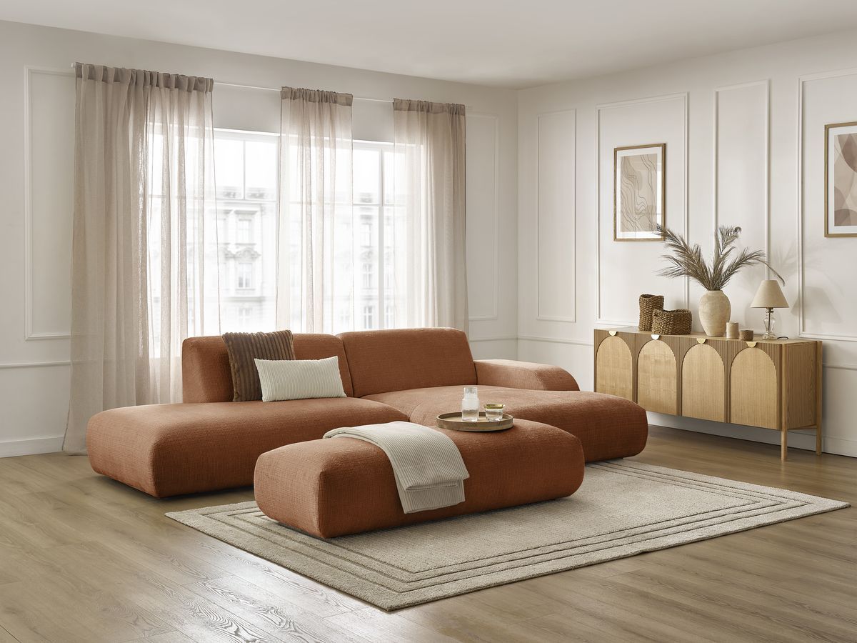 Bobochic Sirius Ecksofa mit Pouf 300 × 170 cm Strukturstoff Orange Ecke rechts