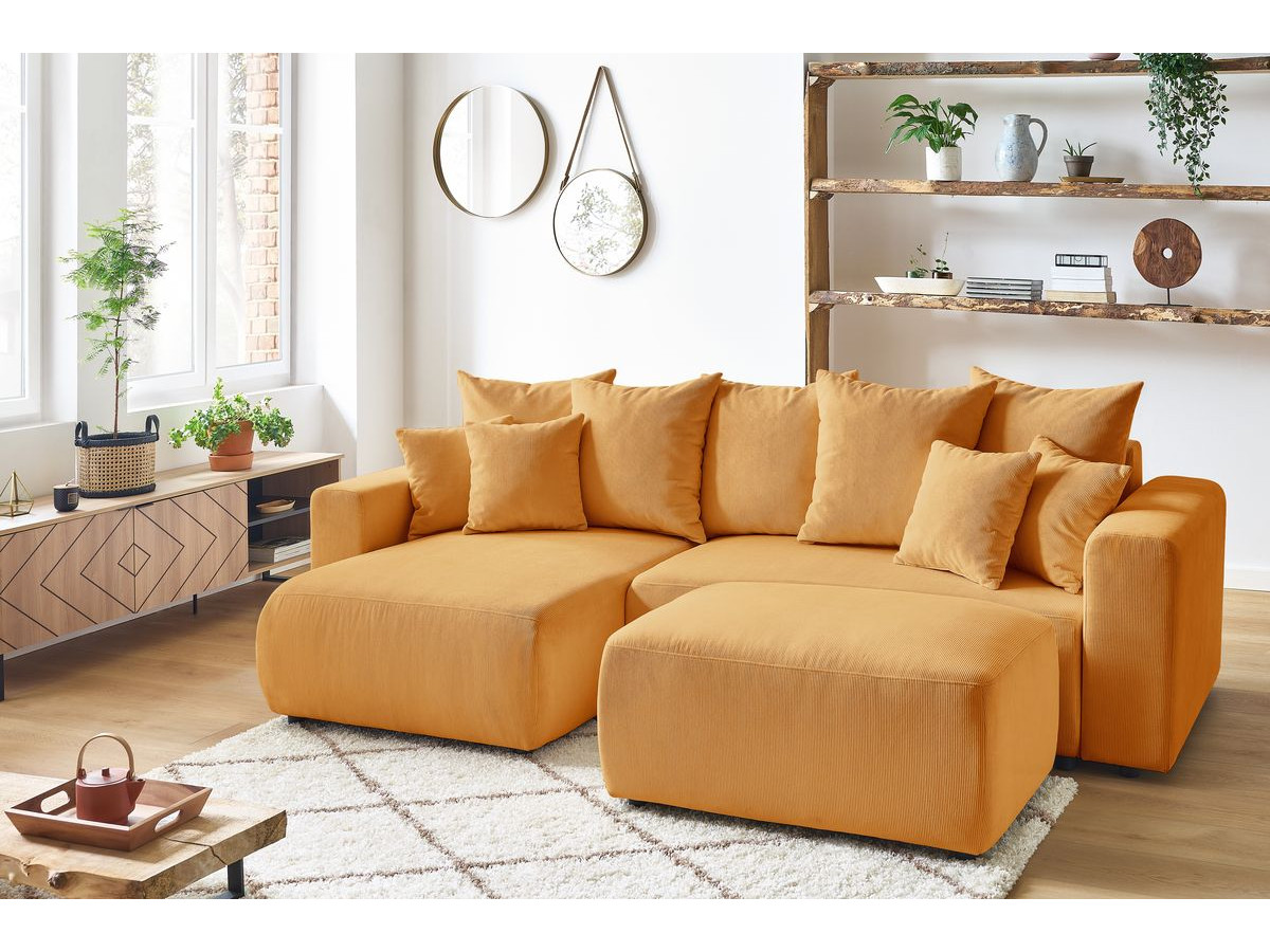 Bobochic Envy Ecksofa mit Schlaffunktion und Bettkasten und Pouf Cordsamt Gelb