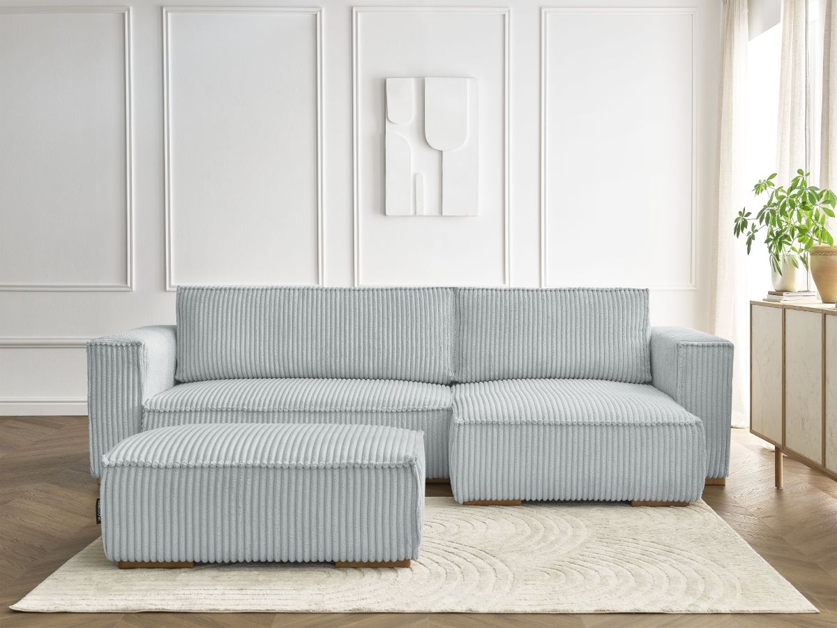 Bobochic Chelsea Ecksofa mit Schlaffunktion und Bettkasten und Pouf Breitcord weich Hellgrau