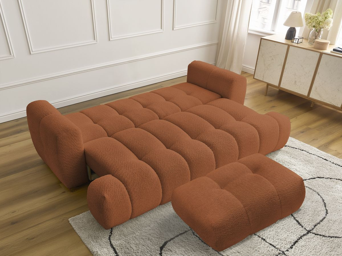Bobochic Fuji Schlafsofa 3-Sitzer mit Bettkasten und Pouf Bouclé-Stoff Orange