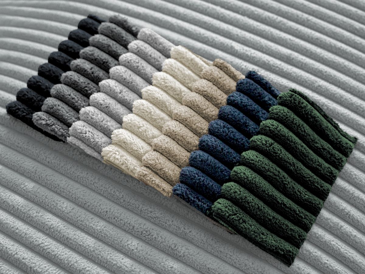 Bobochic Chelsea Ecksofa mit Schlaffunktion und Bettkasten und Pouf Breitcord weich Hellgrau