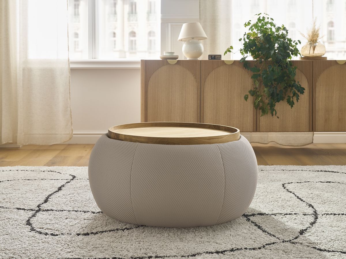 Bobochic Hayden Pouf mit Tablett, rund Mesh-Stoff Taupe, 77 cm