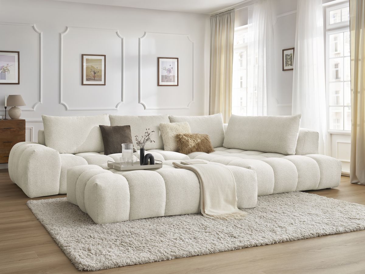Bobochic Everest Ecksofa mit Schlaffunktion und Pouf, 4 Kissen Melange-Stoff Weiß Ecke rechts