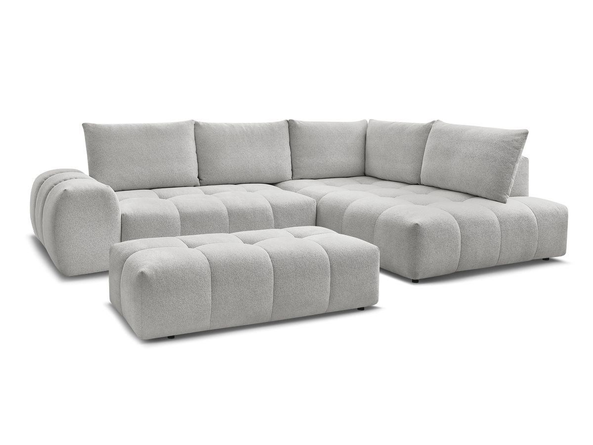 Bobochic Everest Ecksofa mit Schlaffunktion und Bettkasten und Pouf 320 × 212 cm, 5 Kissen Melange-Stoff Hellgrau Ecke rechts