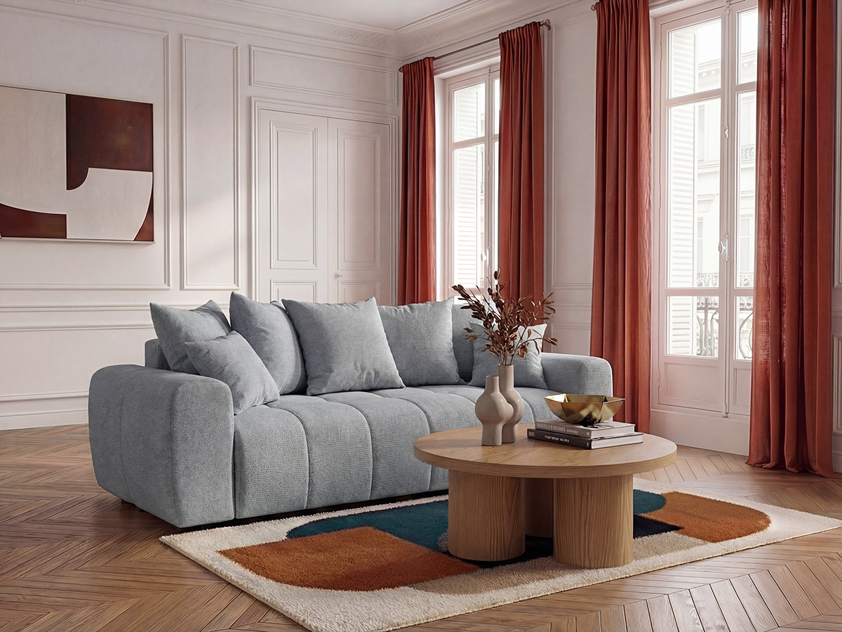 Bobochic Roxelane Schlafsofa 3-Sitzer mit Bettkasten Melange-Stoff Hellgrau