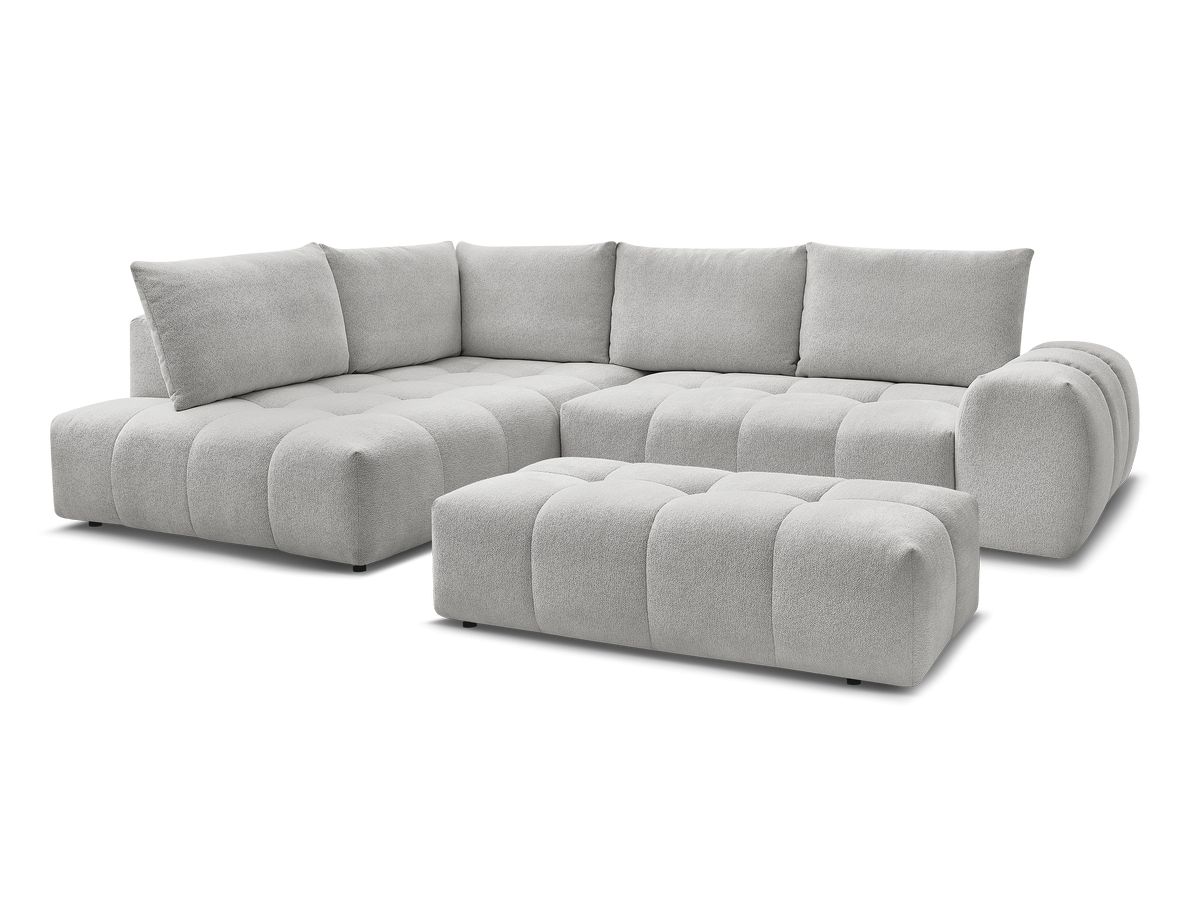 Bobochic Everest Ecksofa mit Schlaffunktion und Bettkasten und Pouf 320 × 212 cm, 5 Kissen Melange-Stoff Hellgrau Ecke links