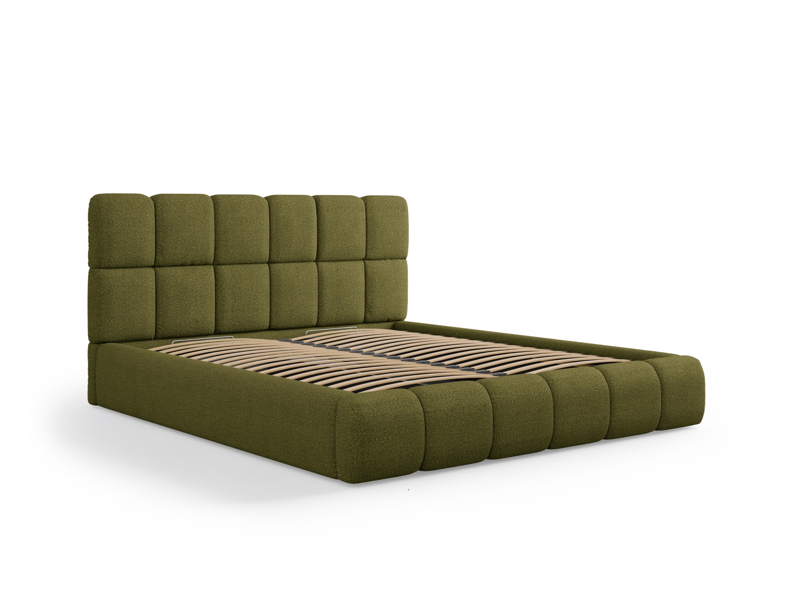 Micadoni Stauraumbett mit Kopfteil Bellis Boucle Baloo Dunkel-Olivgrün 160x200