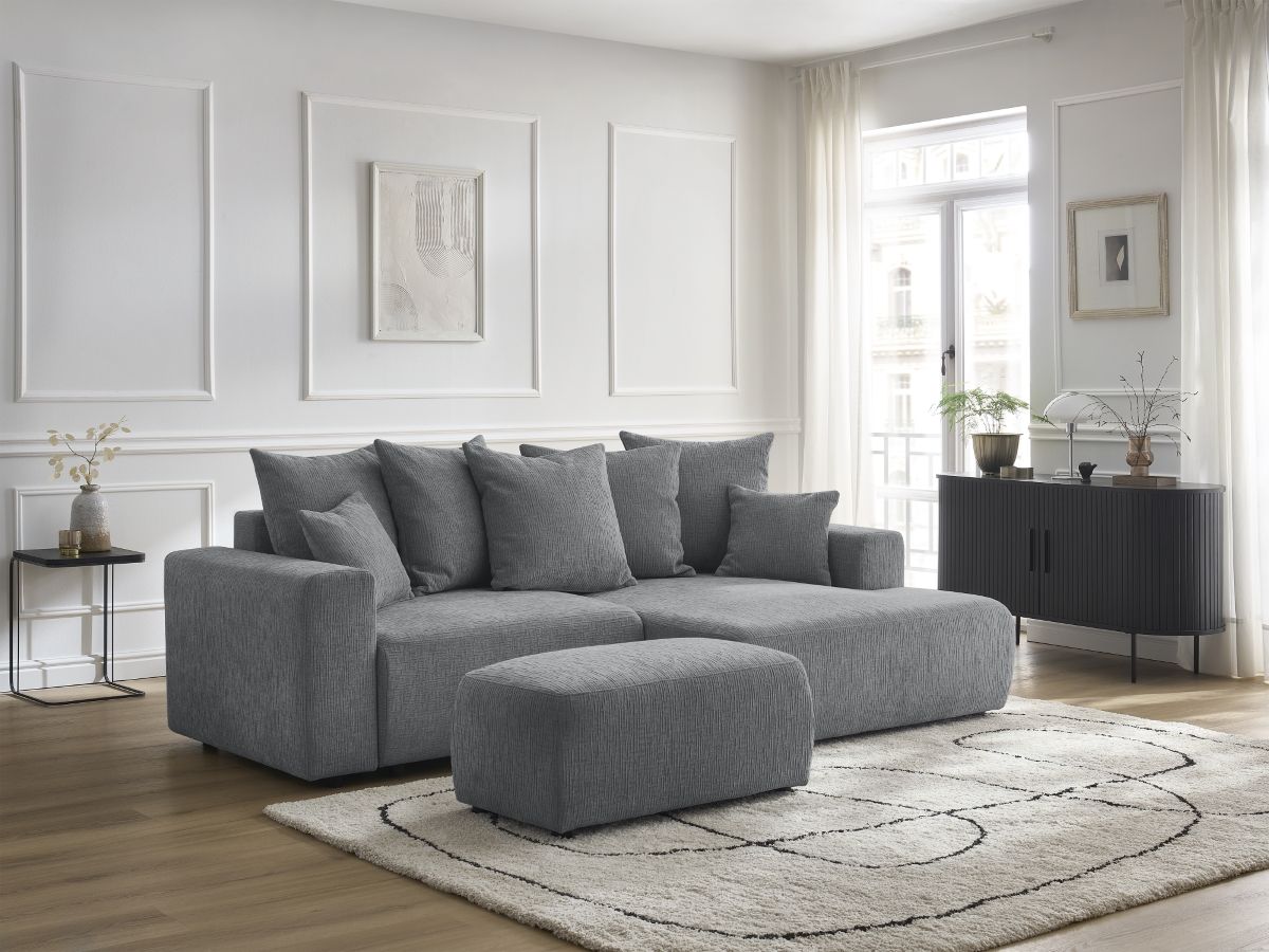 Bobochic Atilla Ecksofa mit Schlaffunktion und Bettkasten und Pouf Strukturstoff Dunkelgrau Ecke rechts
