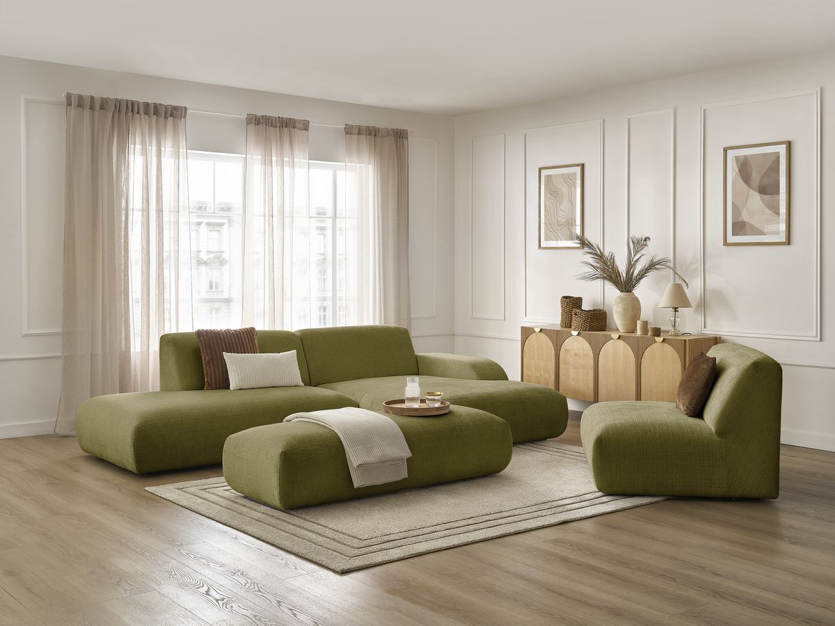 Bobochic Sirius Ecksofa mit Pouf 405 × 170 cm Strukturstoff Grün Ecke rechts