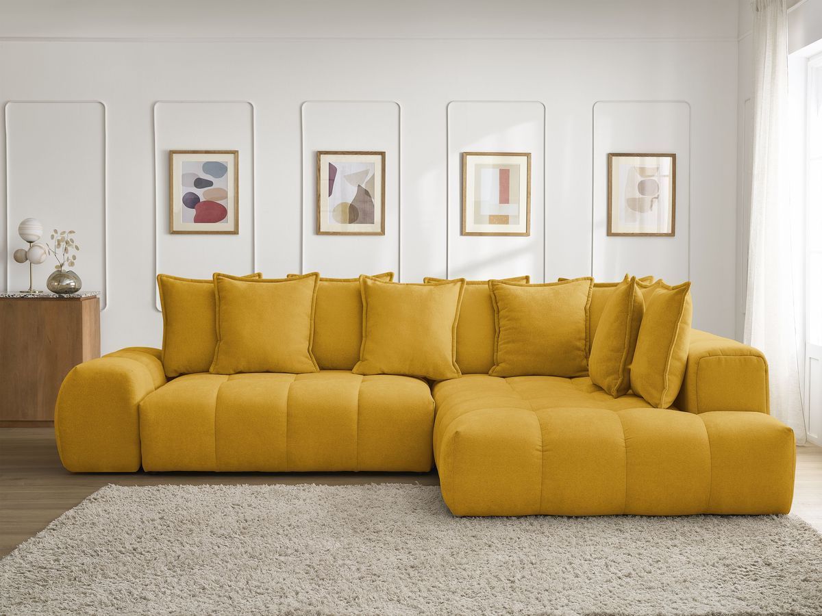 Bobochic Everest Ecksofa mit Schlaffunktion und Bettkasten 320 × 212 cm, 10 Kissen Strukturstoff Gelb Ecke rechts