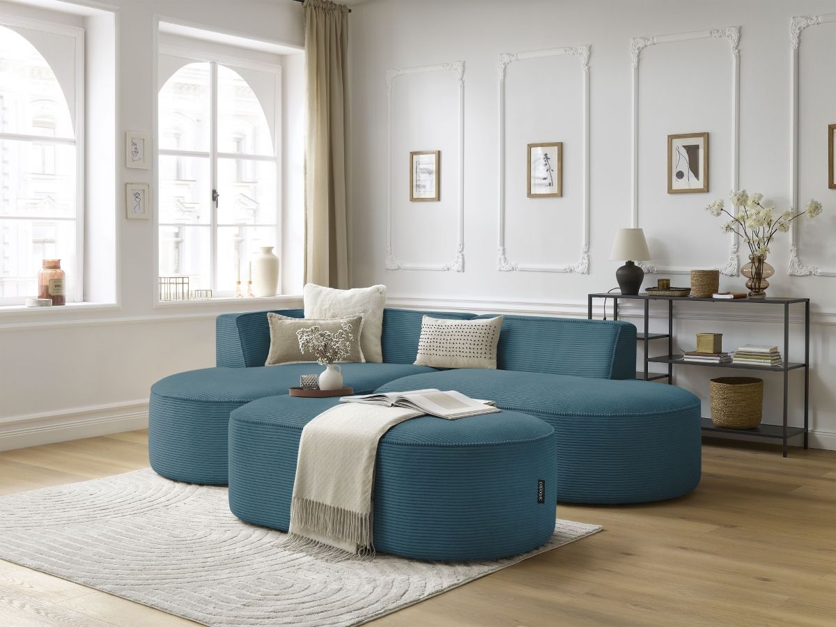 Bobochic Rousseau Ecksofa mit Pouf Cordsamt Dunkelblau Ecke links