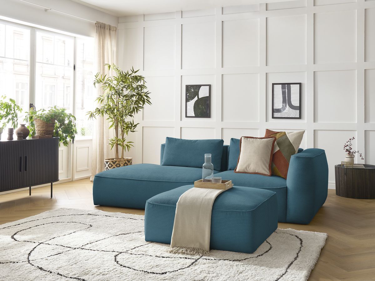 Bobochic Leopold Sofa 4-Sitzer mit Pouf Cordsamt Hellblau Armlehne rechts
