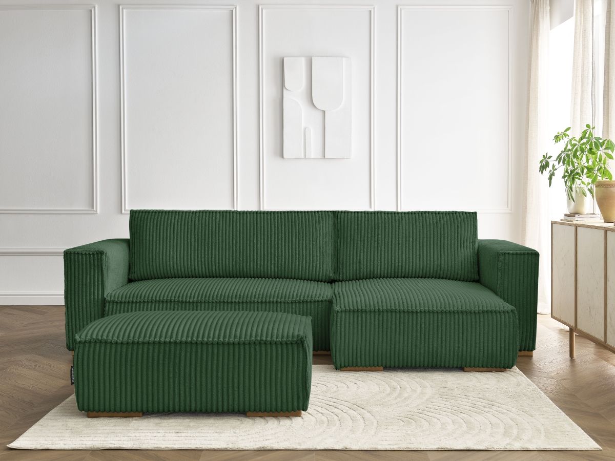 Bobochic Chelsea Ecksofa mit Schlaffunktion und Bettkasten und Pouf Breitcord weich Grün