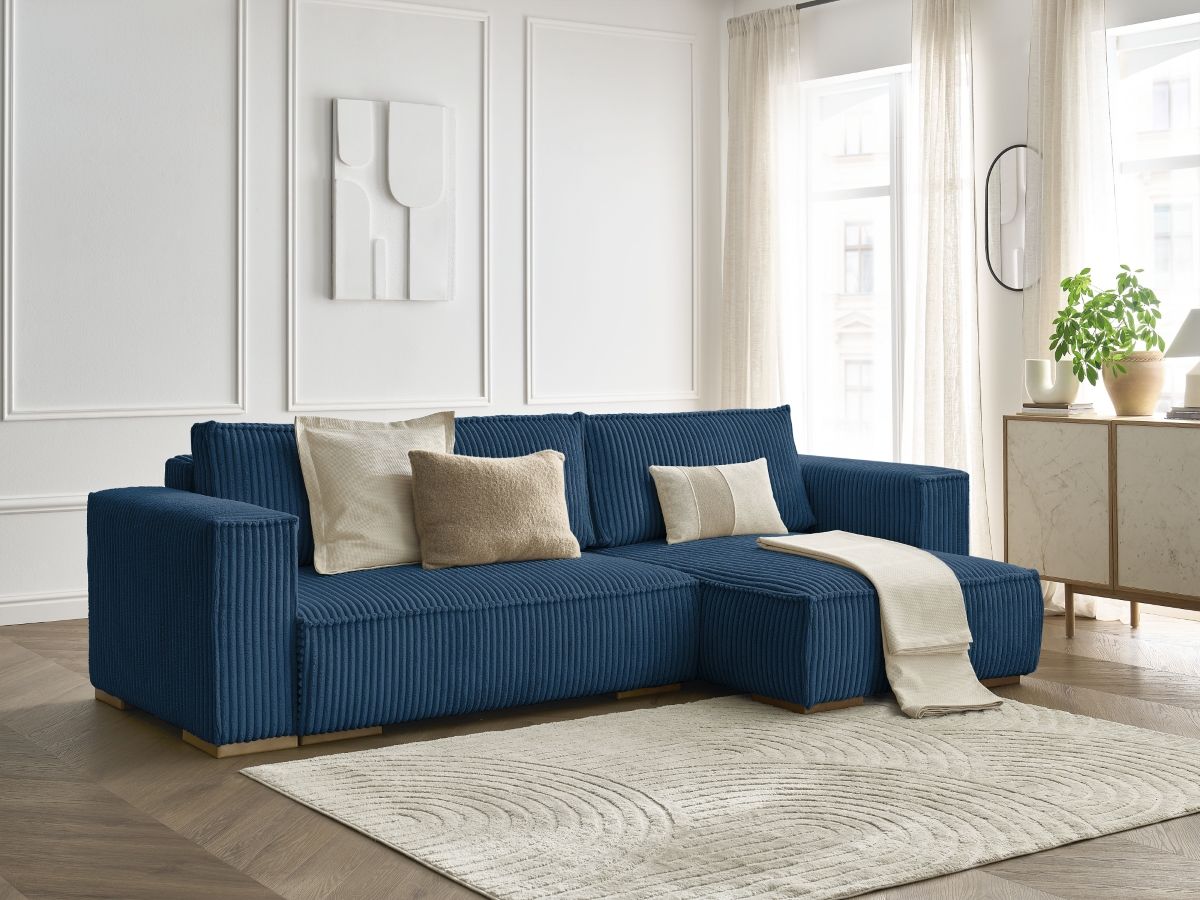 Bobochic Chelsea Ecksofa mit Schlaffunktion und Bettkasten Breitcord weich Dunkelblau