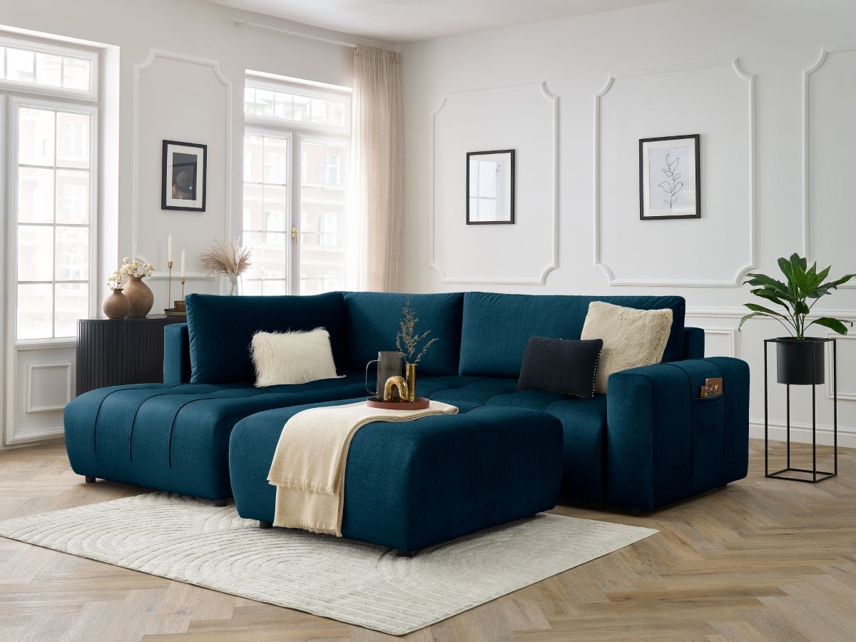 Bobochic Arsene Ecksofa mit Schlaffunktion und Bettkasten und Pouf 277 × 200 cm Samt Blau Ecke links
