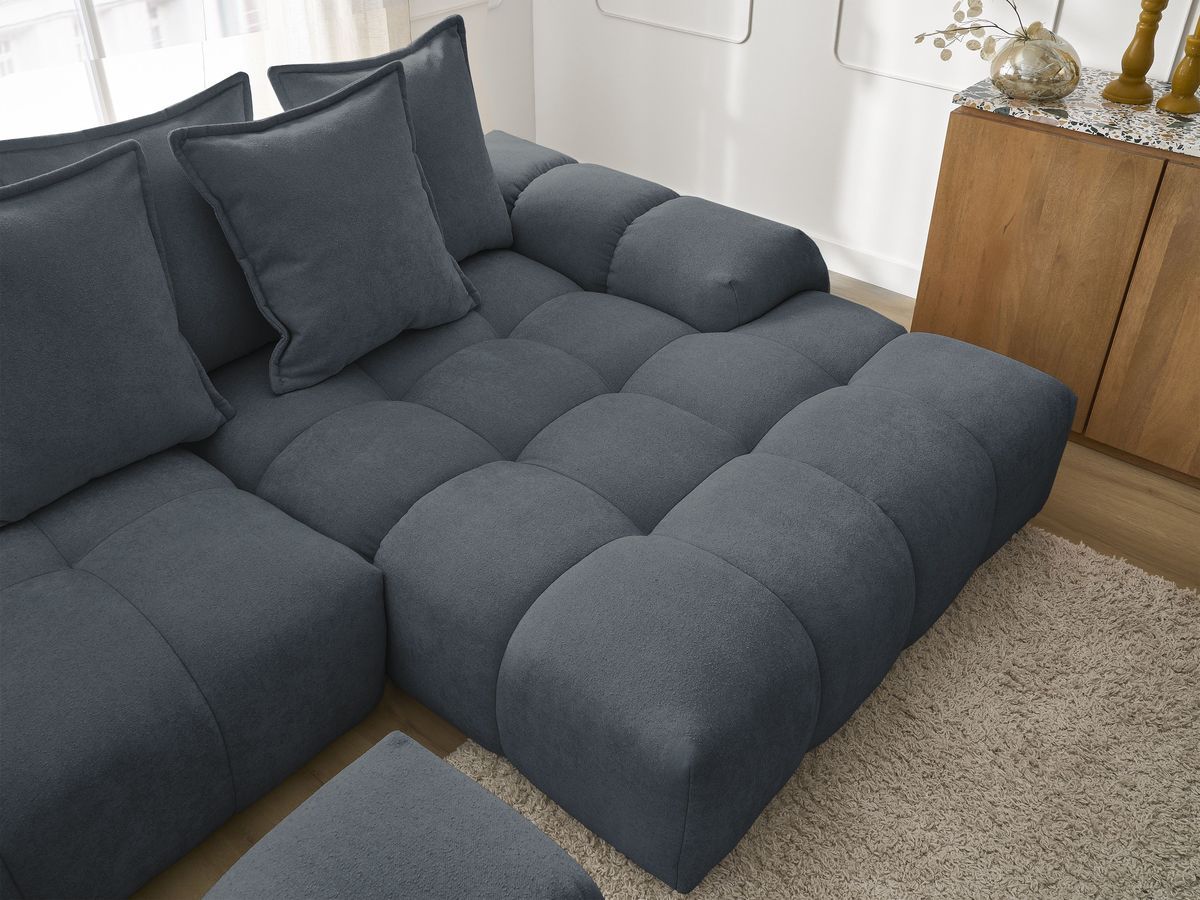 Bobochic Everest Ecksofa mit Schlaffunktion und Bettkasten und Pouf 318 × 180 cm, 7 Kissen Strukturstoff Blau Ecke rechts