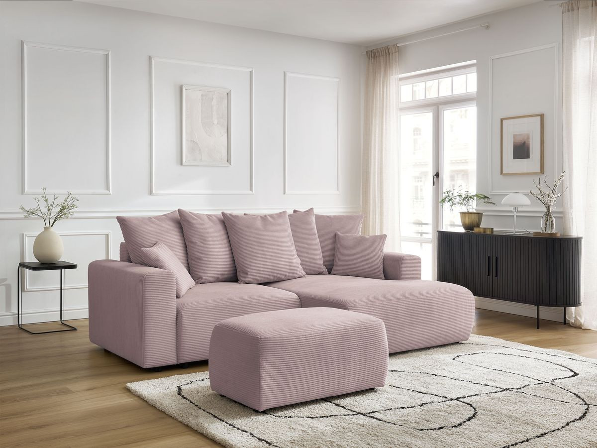 Bobochic Atilla Ecksofa mit Schlaffunktion und Bettkasten und Pouf Cordsamt Violett Ecke rechts