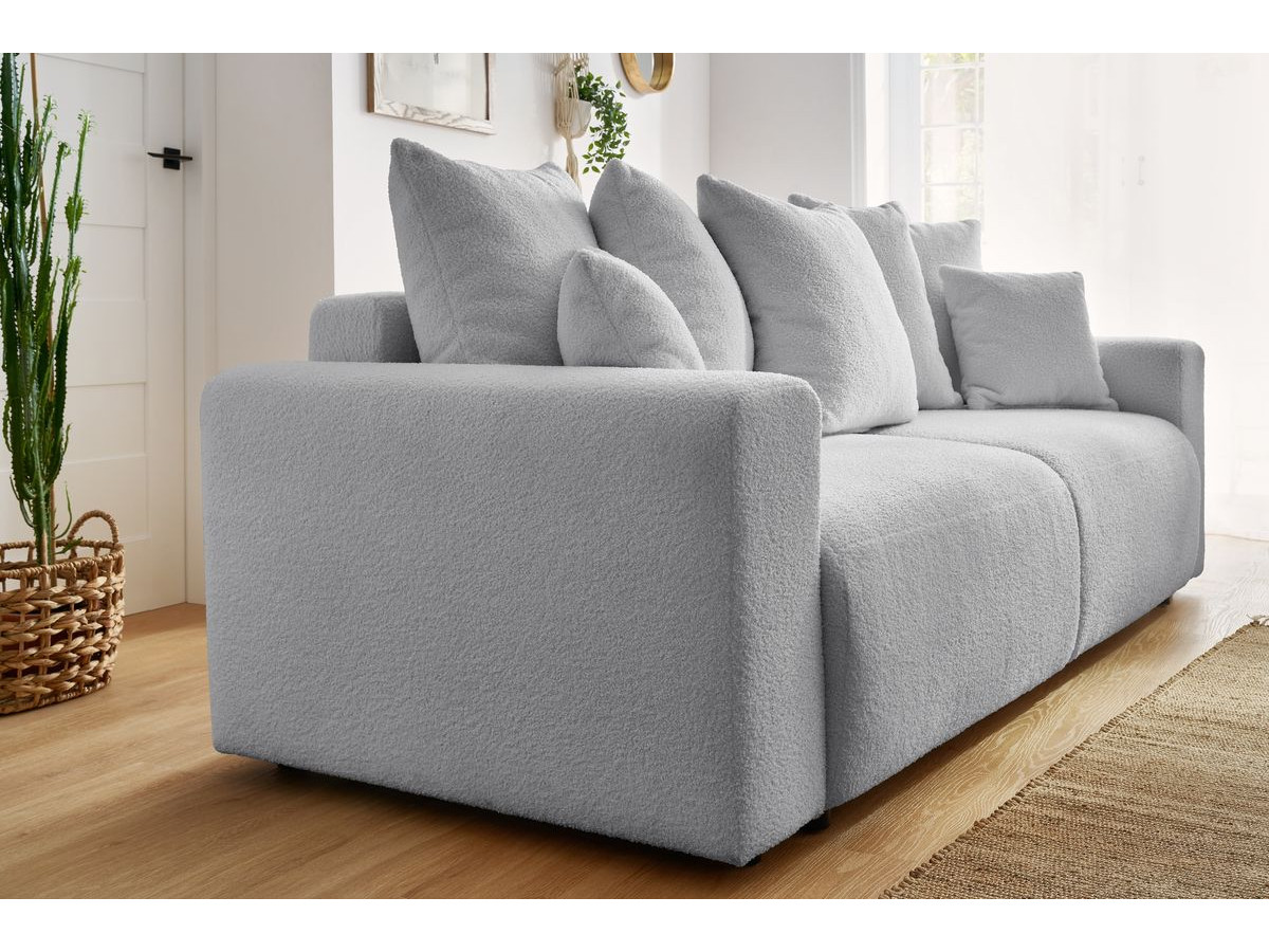 Bobochic Envy Schlafsofa 3-Sitzer mit Bettkasten und rundem Pouf Bouclé-Stoff Hellgrau