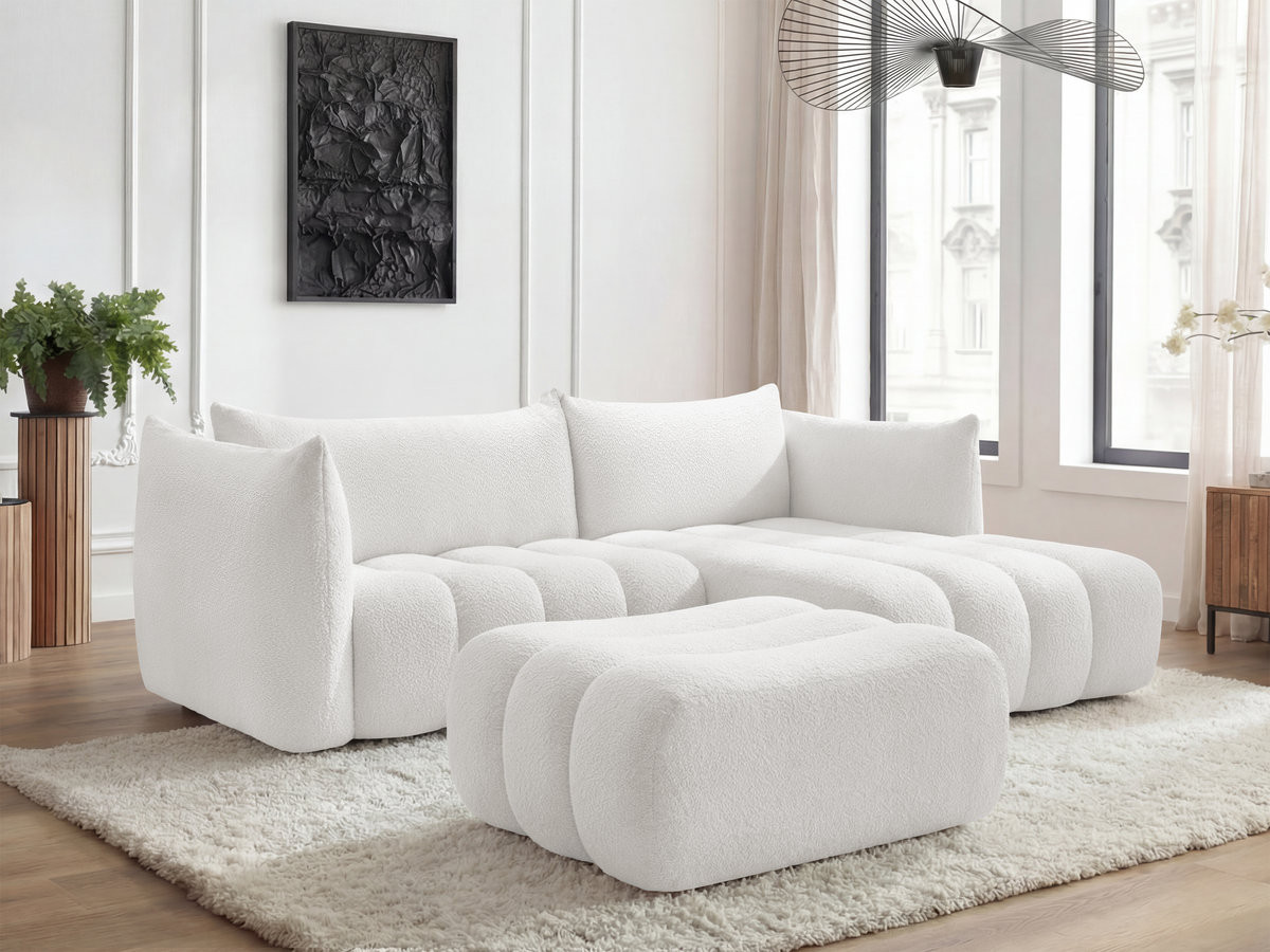 Bobochic Azra Ecksofa mit Pouf 262 × 178 cm Bouclé-Stoff Weiß Ecke rechts