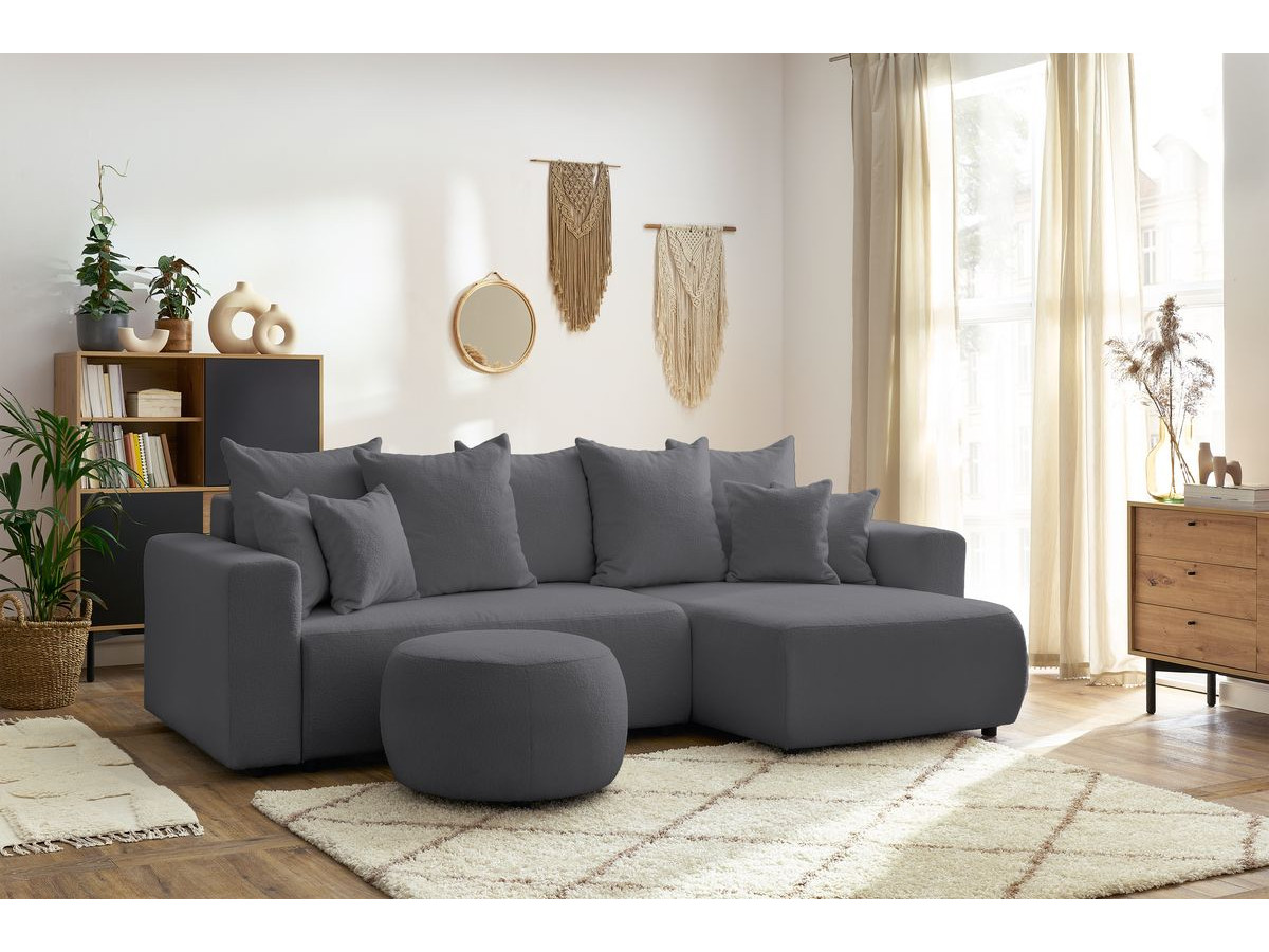 Bobochic Envy Ecksofa mit Schlaffunktion und Bettkasten und rundem Pouf Bouclé-Stoff Dunkelgrau