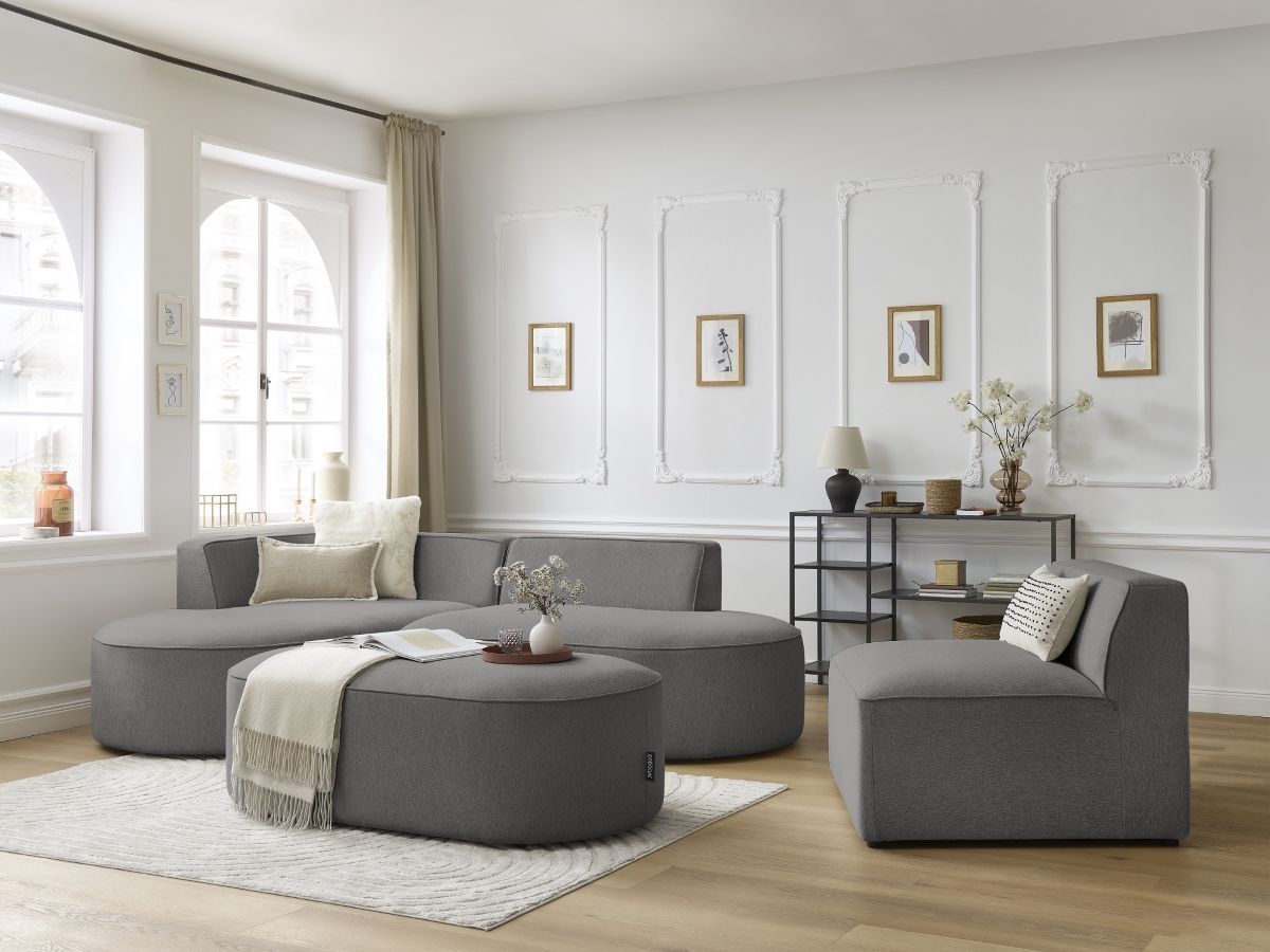 Bobochic Rousseau Ecksofa mit Sofamodul und Pouf Melange-Stoff Dunkelgrau Ecke links
