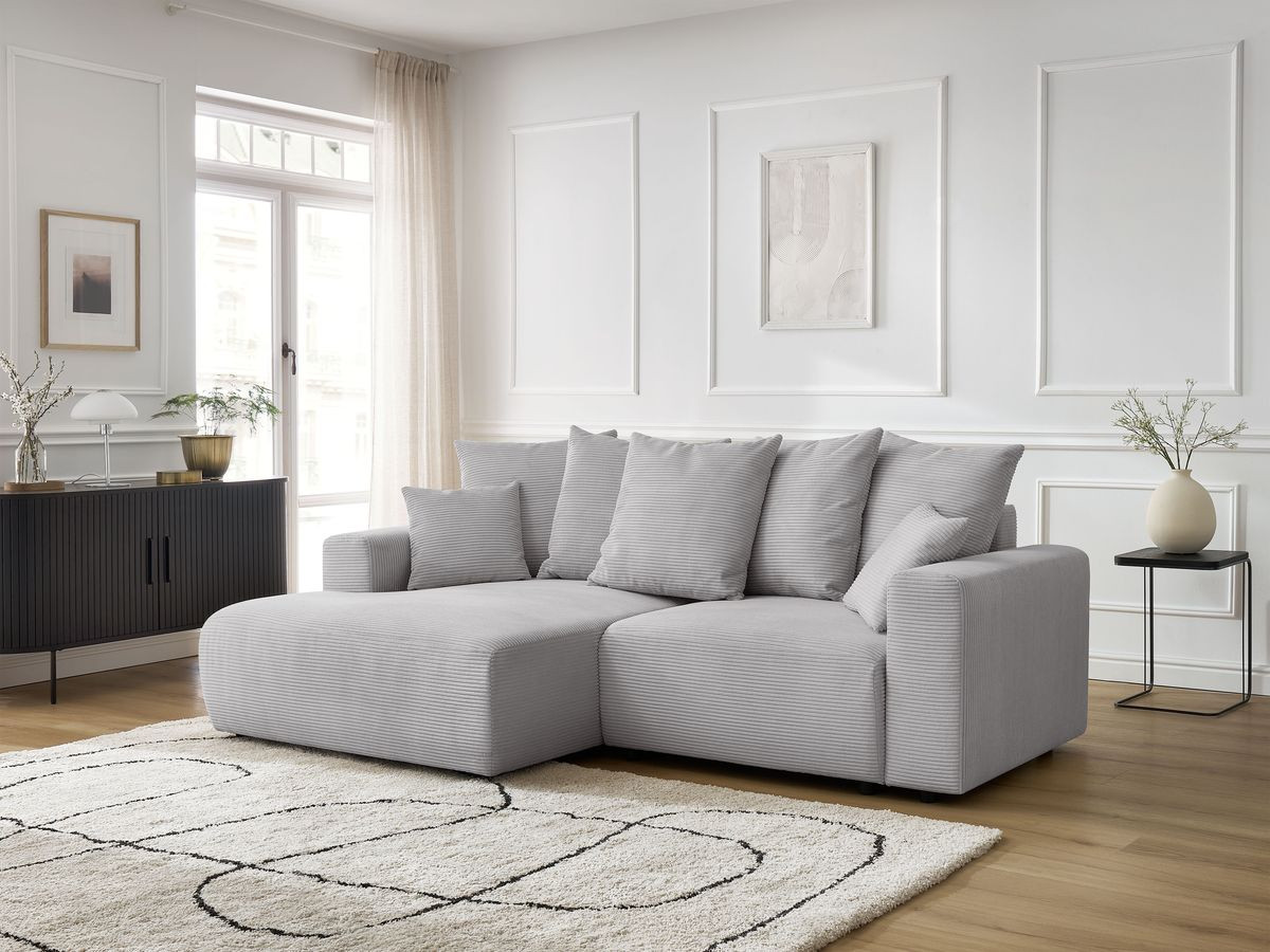 Bobochic Atilla Ecksofa mit Schlaffunktion und Bettkasten Cordsamt Hellgrau Ecke links