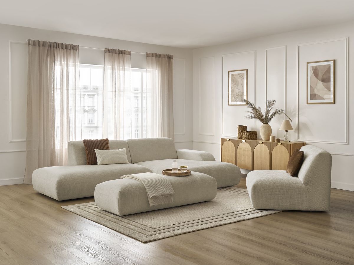 Bobochic Sirius Ecksofa mit Pouf 405 × 170 cm Strukturstoff Beige Ecke rechts