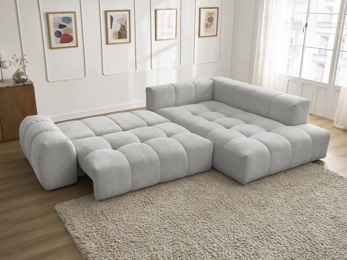 Bobochic Everest Ecksofa mit Schlaffunktion und Bettkasten 320 × 212 cm, 10 Kissen Melange-Stoff Hellgrau Ecke rechts