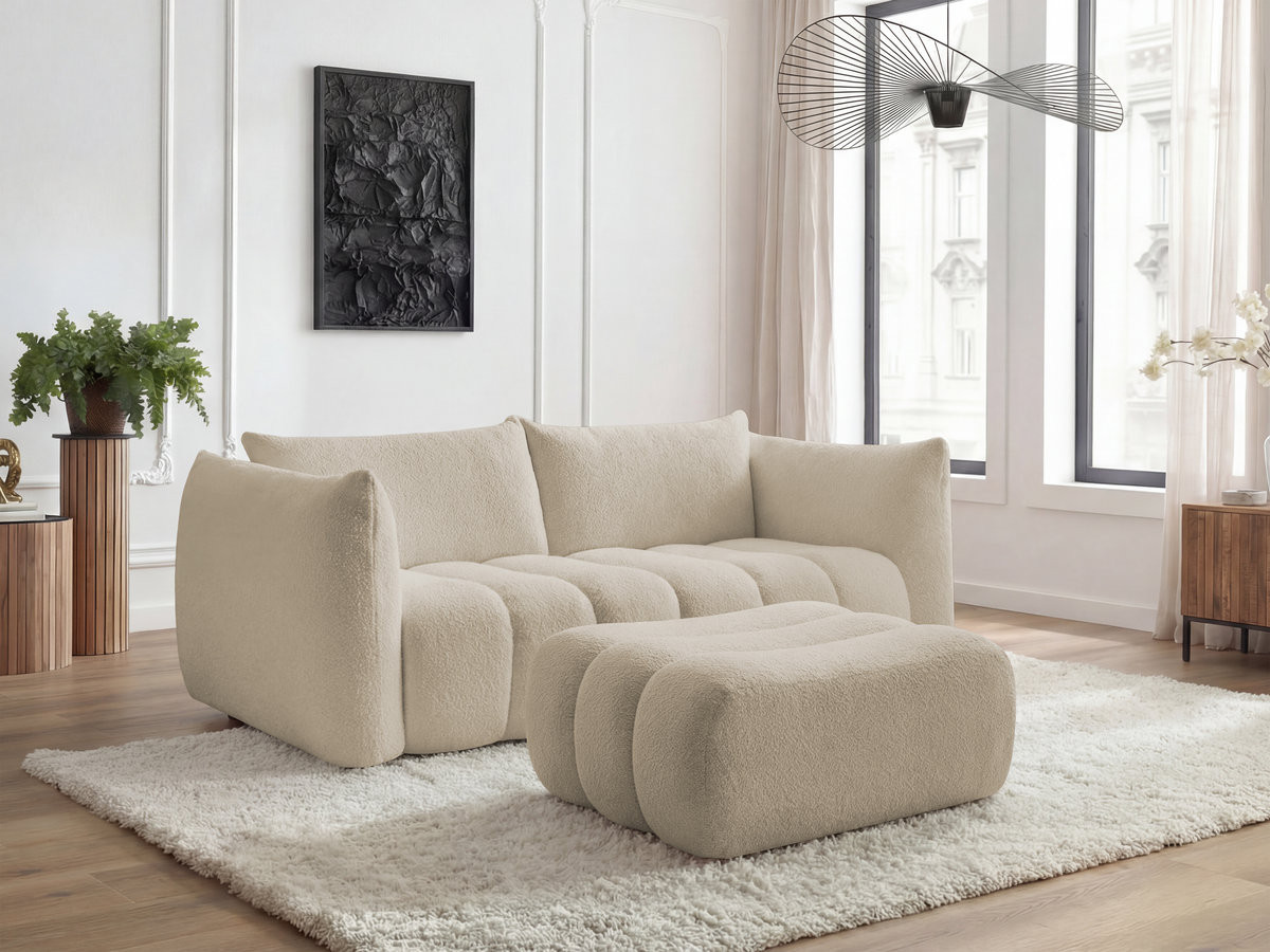 Bobochic Azra Sofa 3-Sitzer mit Pouf Bouclé-Stoff Beige