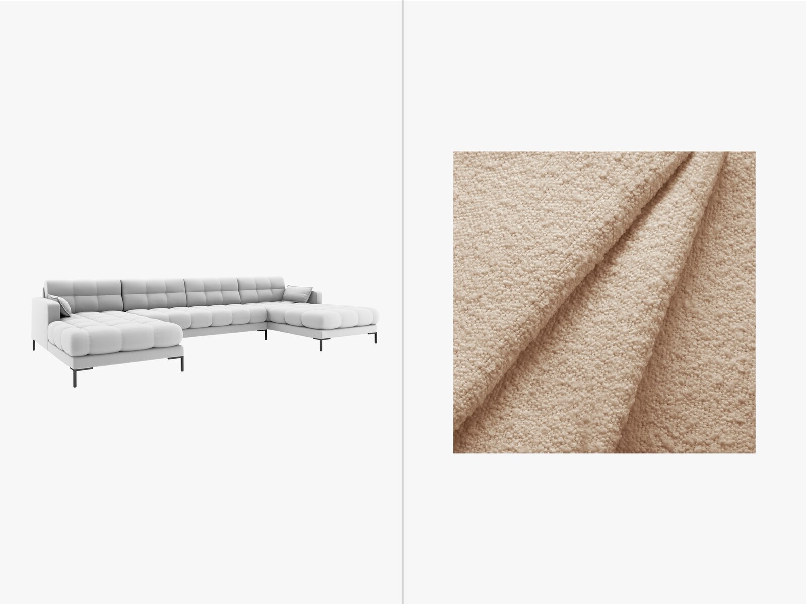 Micadoni Panorama-Sofa Mamaia 6-Sitzer Boucle Baloo Beige schwarze Beine