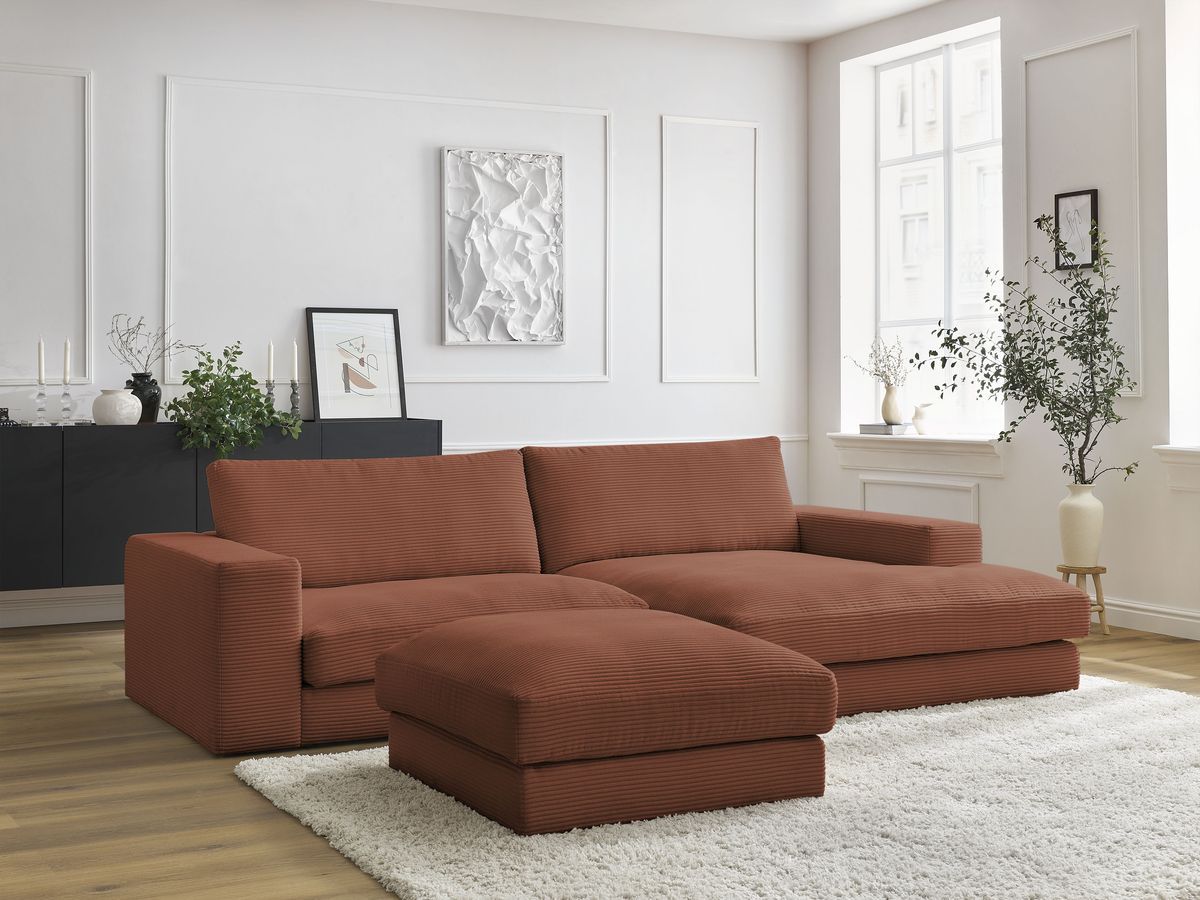 Bobochic Leonard Ecksofa mit Pouf 274 × 159 cm Cordsamt Orange Ecke rechts