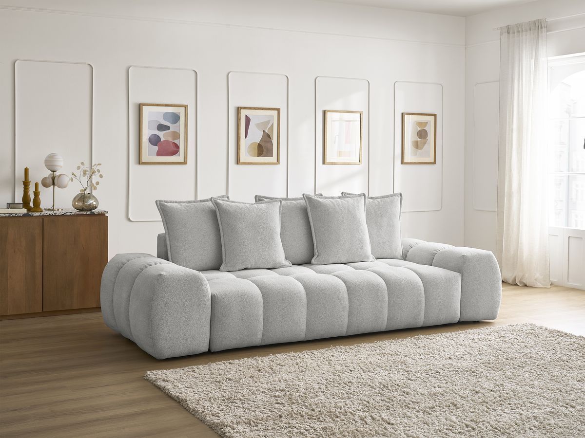 Bobochic Everest Schlafsofa 3-Sitzer mit Bettkasten, 5 Kissen Melange-Stoff Hellgrau