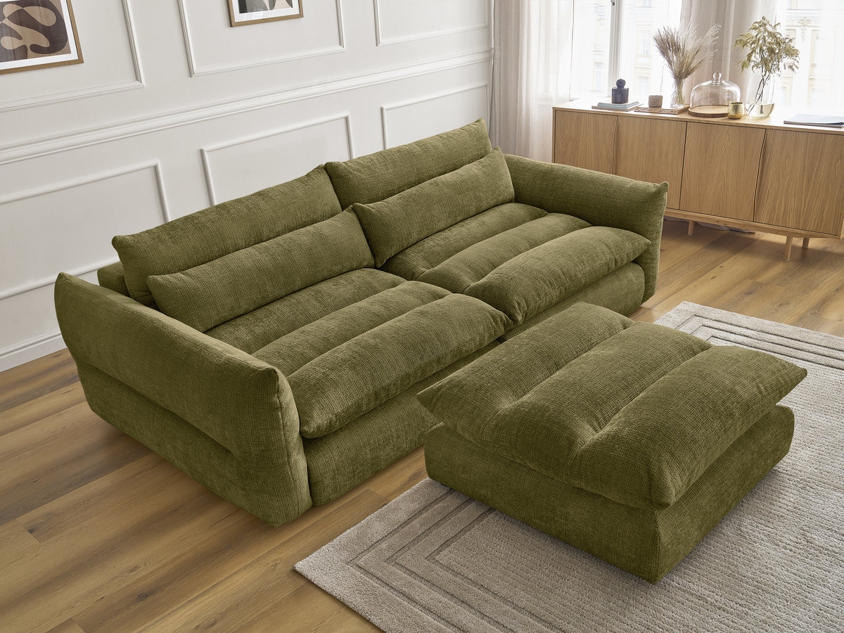 Bobochic Neil Sofa 3-Sitzer mit Pouf Strukturstoff Grün