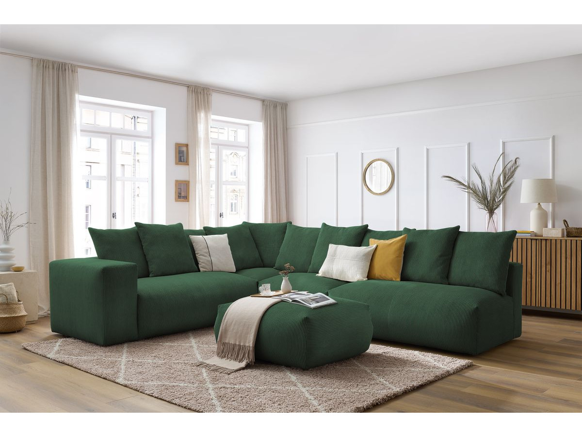 Bobochic Voltaire Ecksofa mit Pouf 322 × 268 cm Cordsamt Grün Ecke links