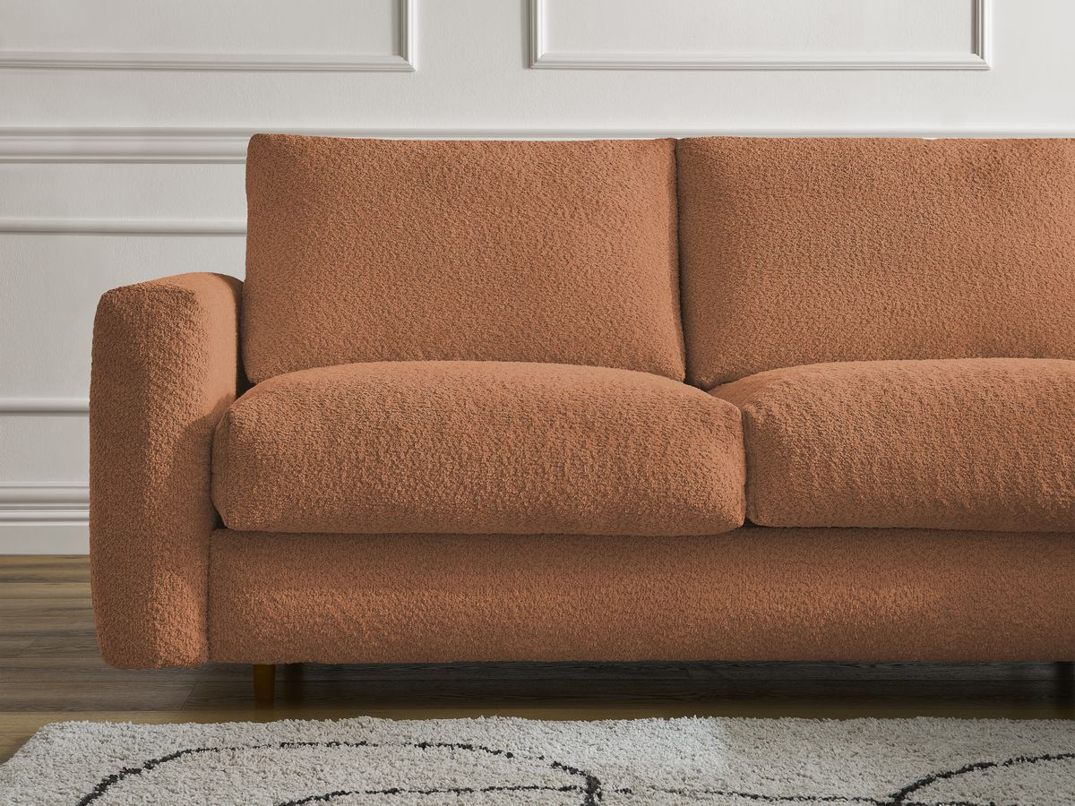 Bobochic Cocoone Ecksofa mit Schlaffunktion und Bettkasten Bouclé-Stoff Orange, Liegefläche 140 × 200 cm