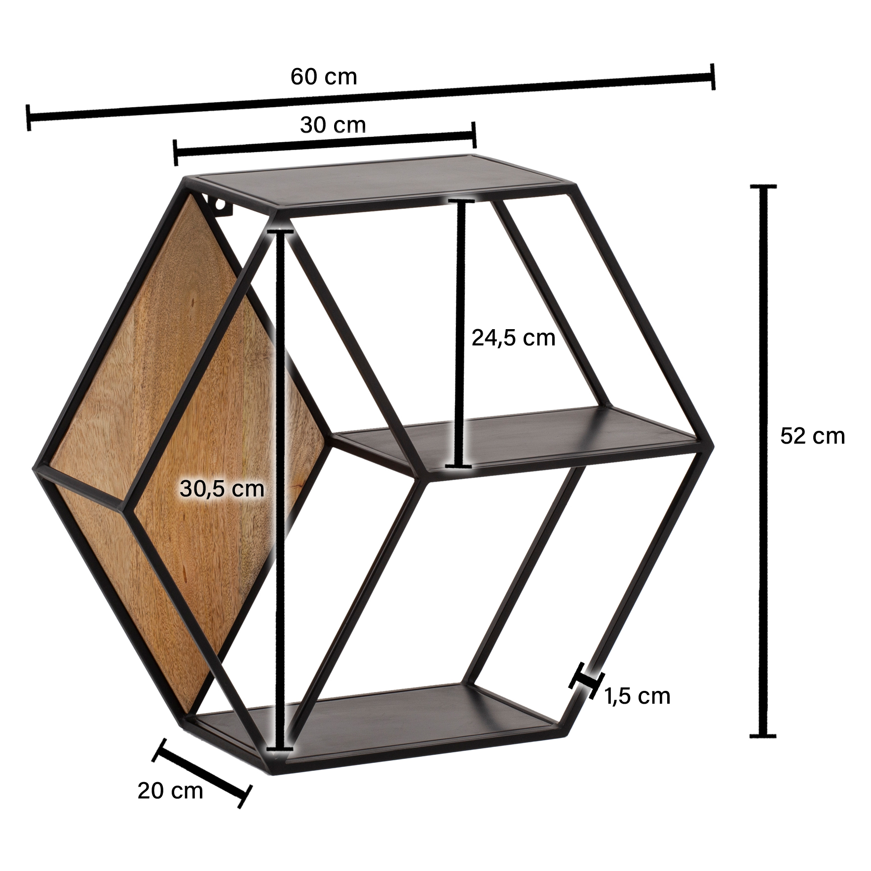 Wandregal Borkenes Mango Massivholz Schwarz 60 × 20 × 52 cm