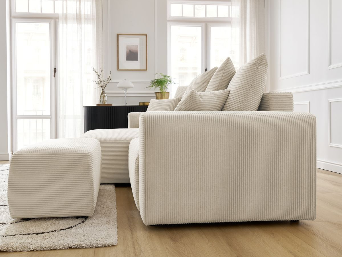 Bobochic Atilla Ecksofa mit Schlaffunktion und Bettkasten und Pouf Cordsamt Beige Ecke links