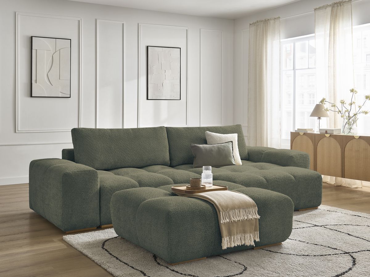 Bobochic Anakin Ecksofa mit Pouf, 2 Kissen Bouclé-Stoff Grün