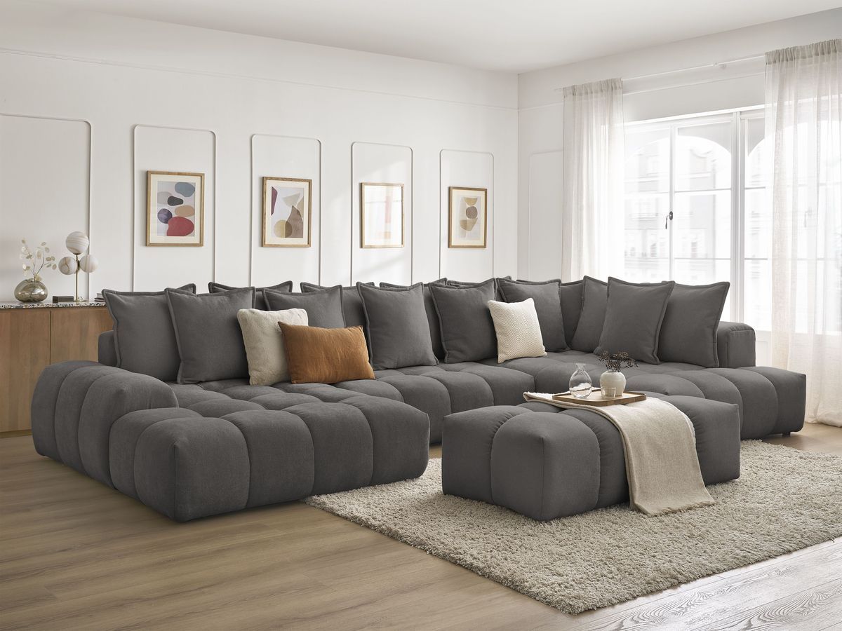 Bobochic Everest Wohnlandschaft mit Pouf, 14 Kissen Strukturstoff Dunkelgrau Ecke links