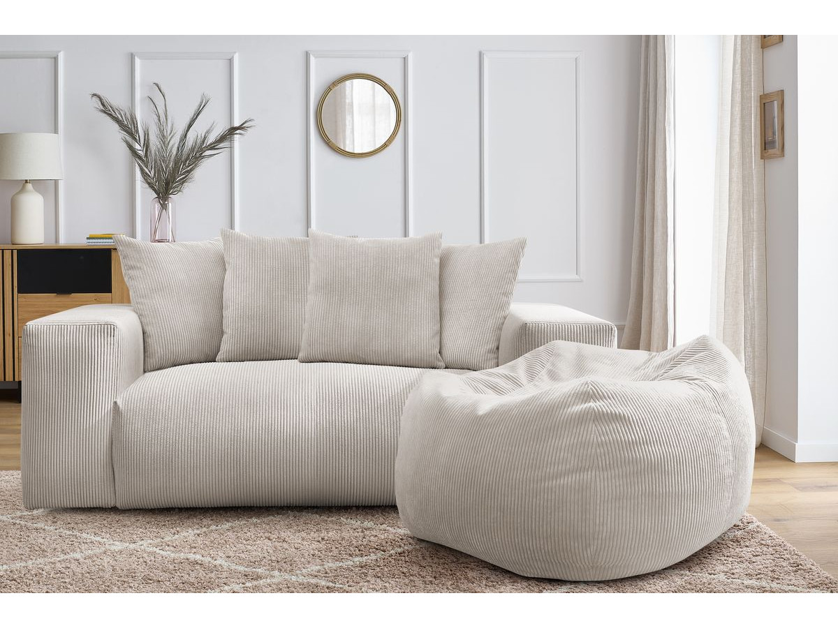 Bobochic Voltaire Sofa 2-Sitzer mit Pouf Cordsamt Beige