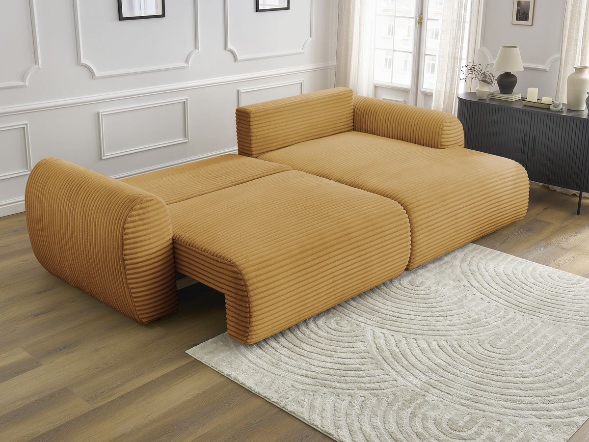 Bobochic Lucien Ecksofa mit Schlaffunktion und Bettkasten 314 × 167 cm Breitcord weich Gelb Ecke rechts