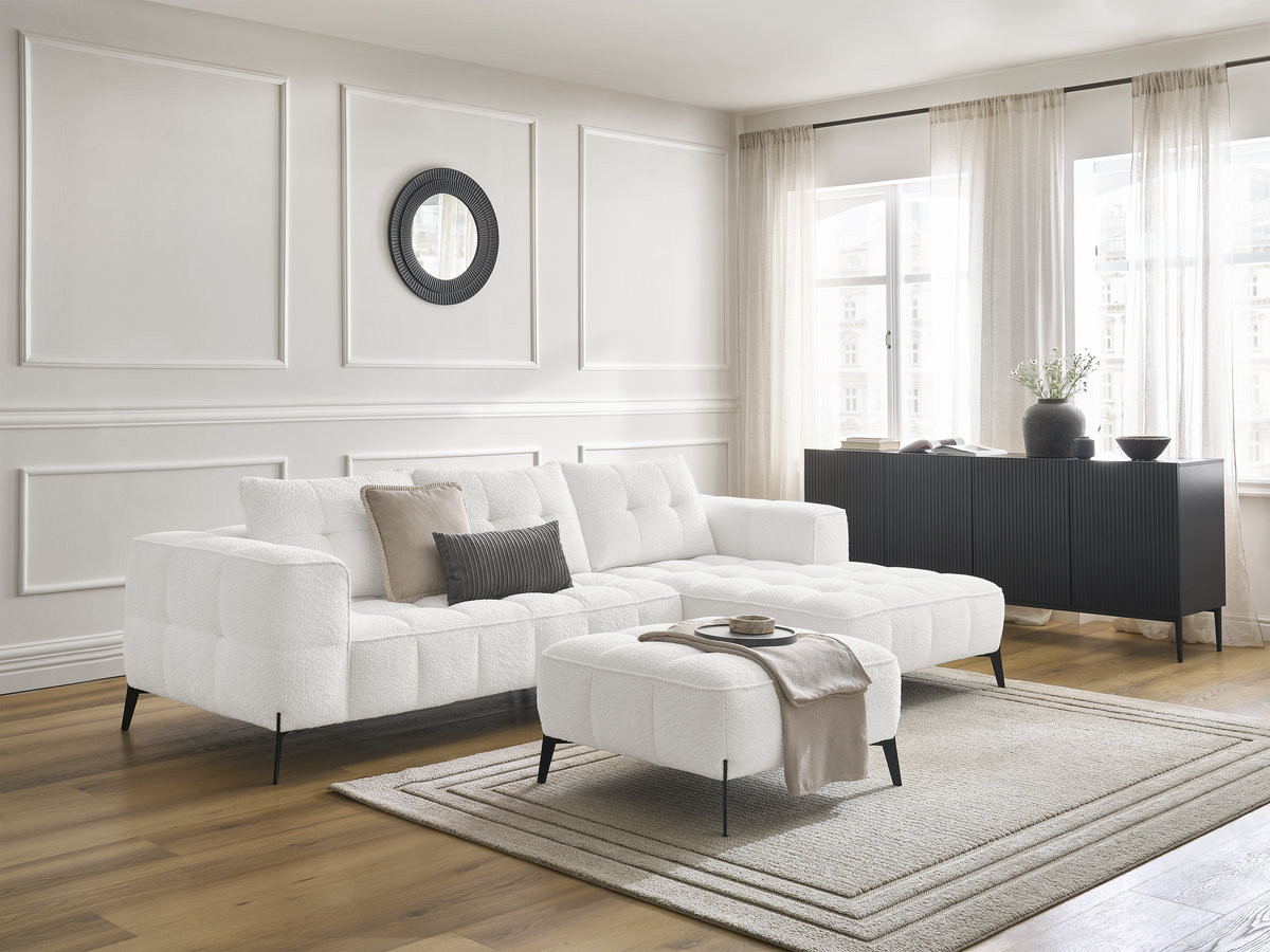 Bobochic Anis Ecksofa mit Pouf Bouclé-Stoff Weiß Ecke rechts