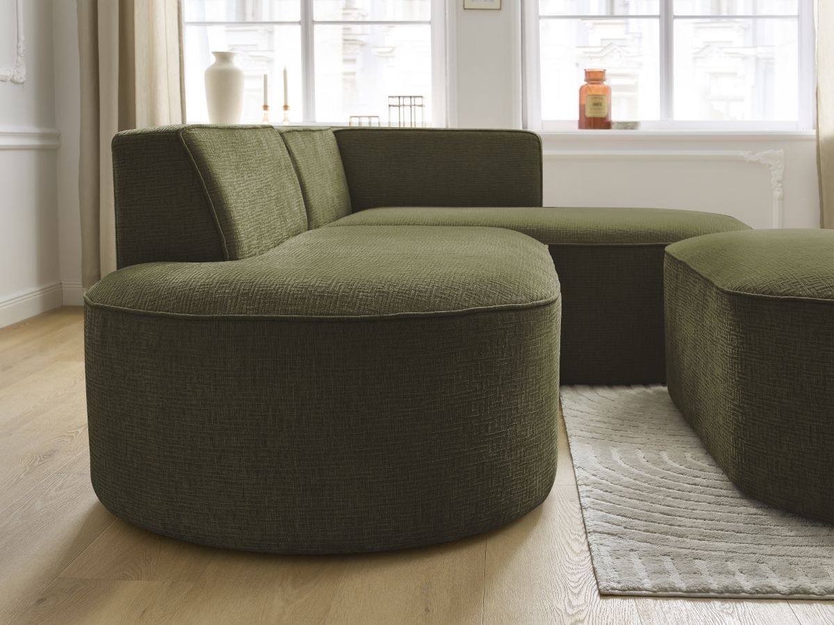 Bobochic Rousseau Ecksofa mit Pouf Strukturstoff Grün Ecke rechts