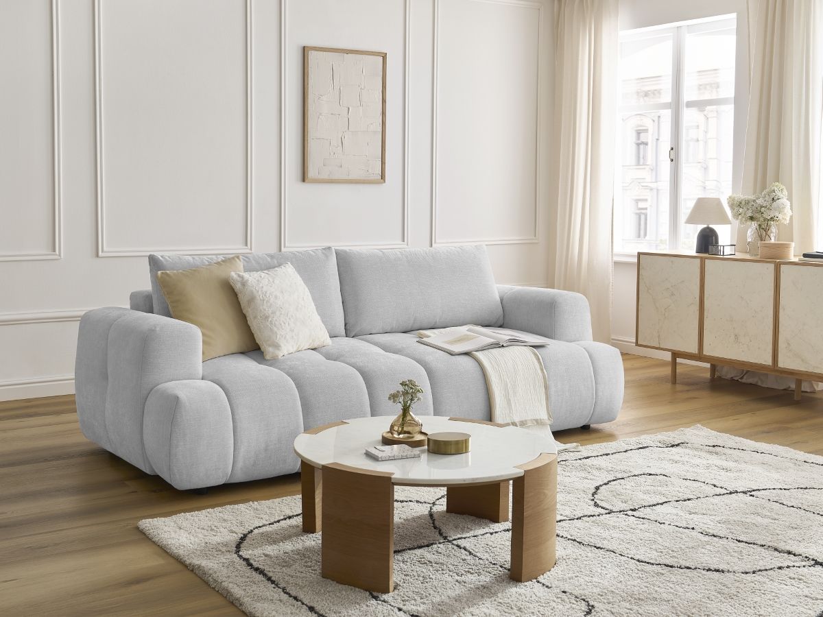 Bobochic Fuji Schlafsofa 3-Sitzer mit Bettkasten Stoff Hellgrau