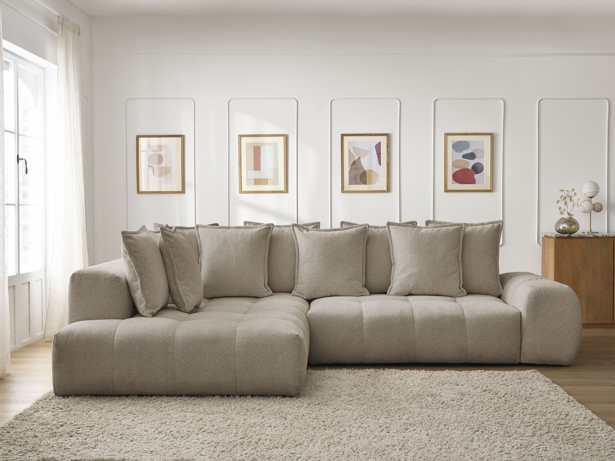 Bobochic Everest Ecksofa mit Schlaffunktion und Bettkasten 320 × 212 cm, 10 Kissen Melange-Stoff Taupe Ecke links