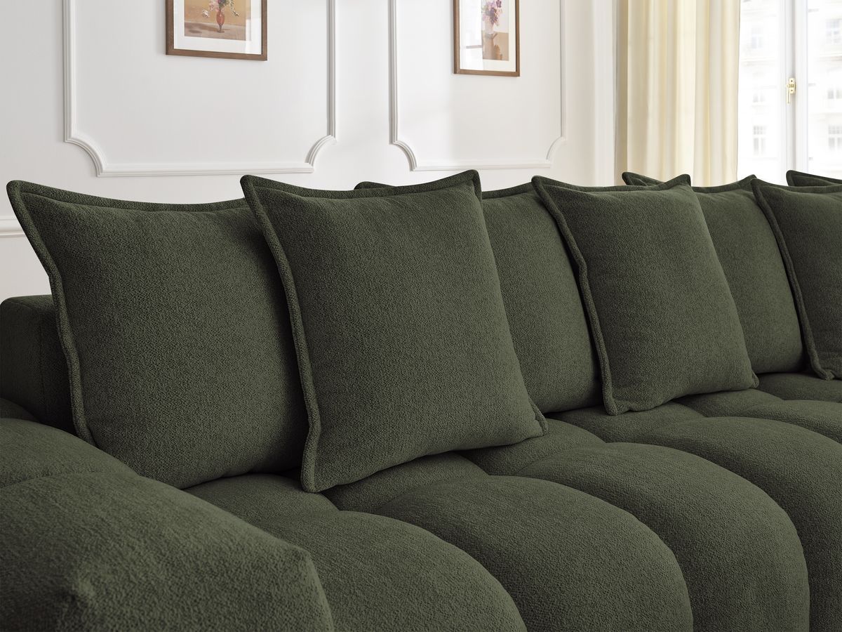Bobochic Everest Ecksofa mit Schlaffunktion und Pouf, 10 Kissen Melange-Stoff Grün Ecke rechts